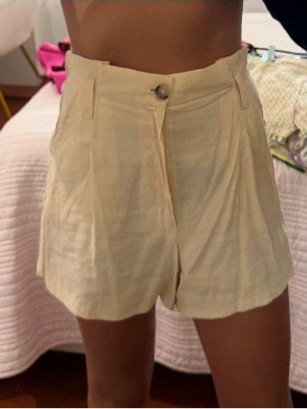Zara High-Waist Cream Tailored Linen-Blend Shorts